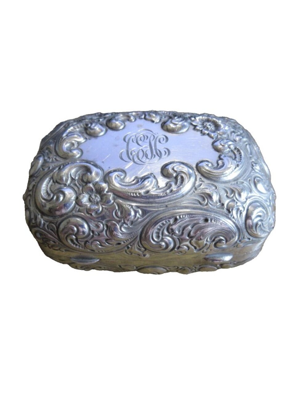 Repousse Soap Box Floral Scroll Hinge Travel Gorham 1900 Sterling Silver Vintage